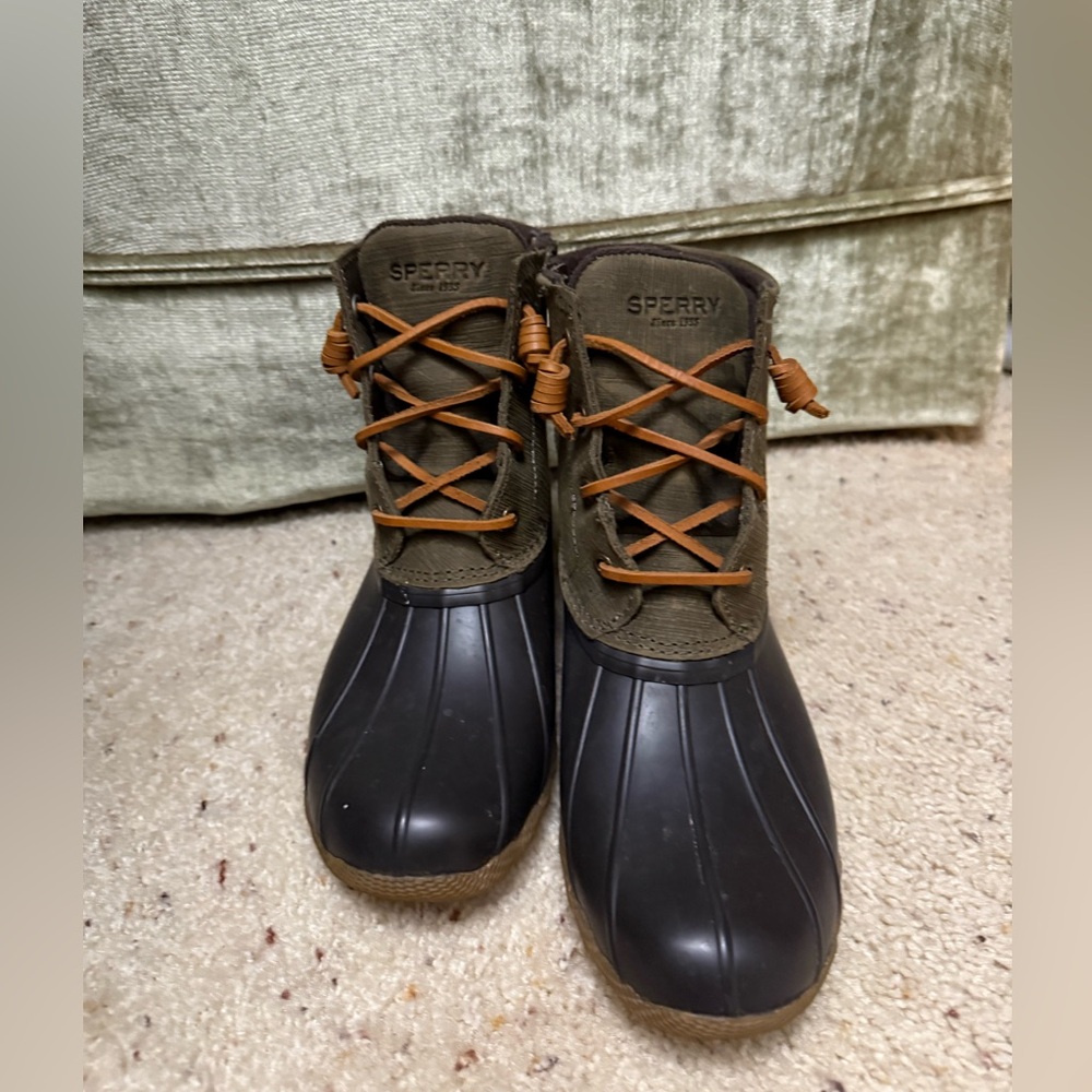 Sperry Olive Green and Dark Brown Waterproof Duck Boots